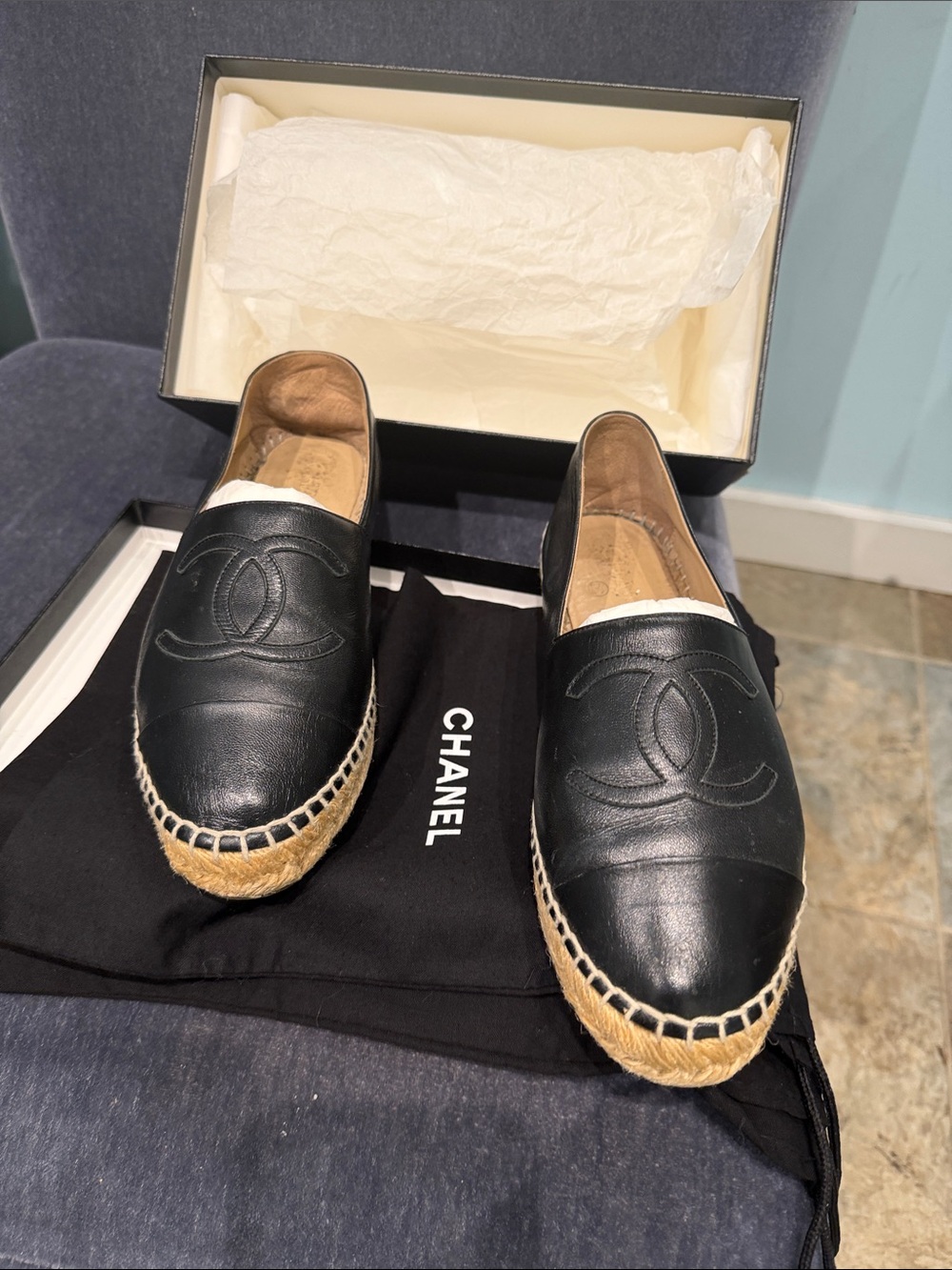 CHANEL Black Leather Espadrilles with Natural Jute Sole